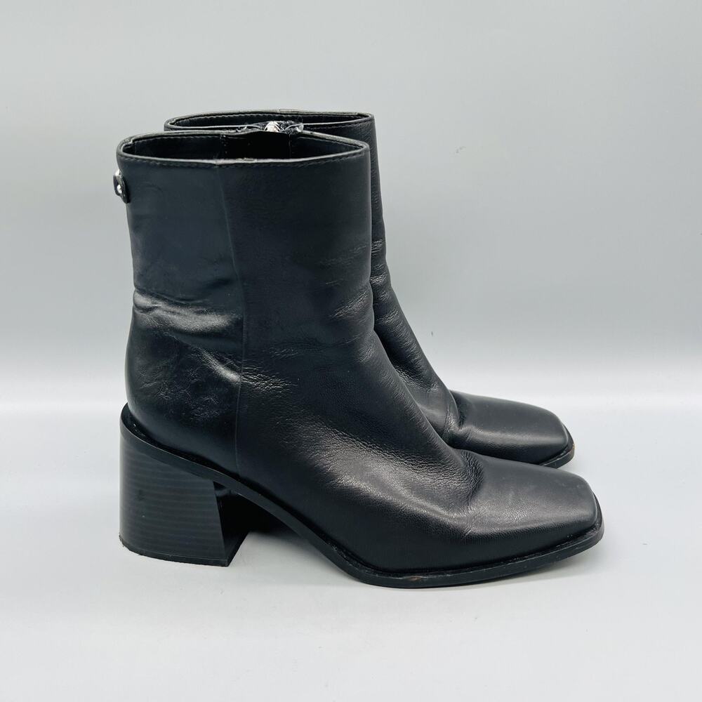 Sam Edelman Boots Womens 8 Black Leather Square Toe Block Heel Booties Shoes